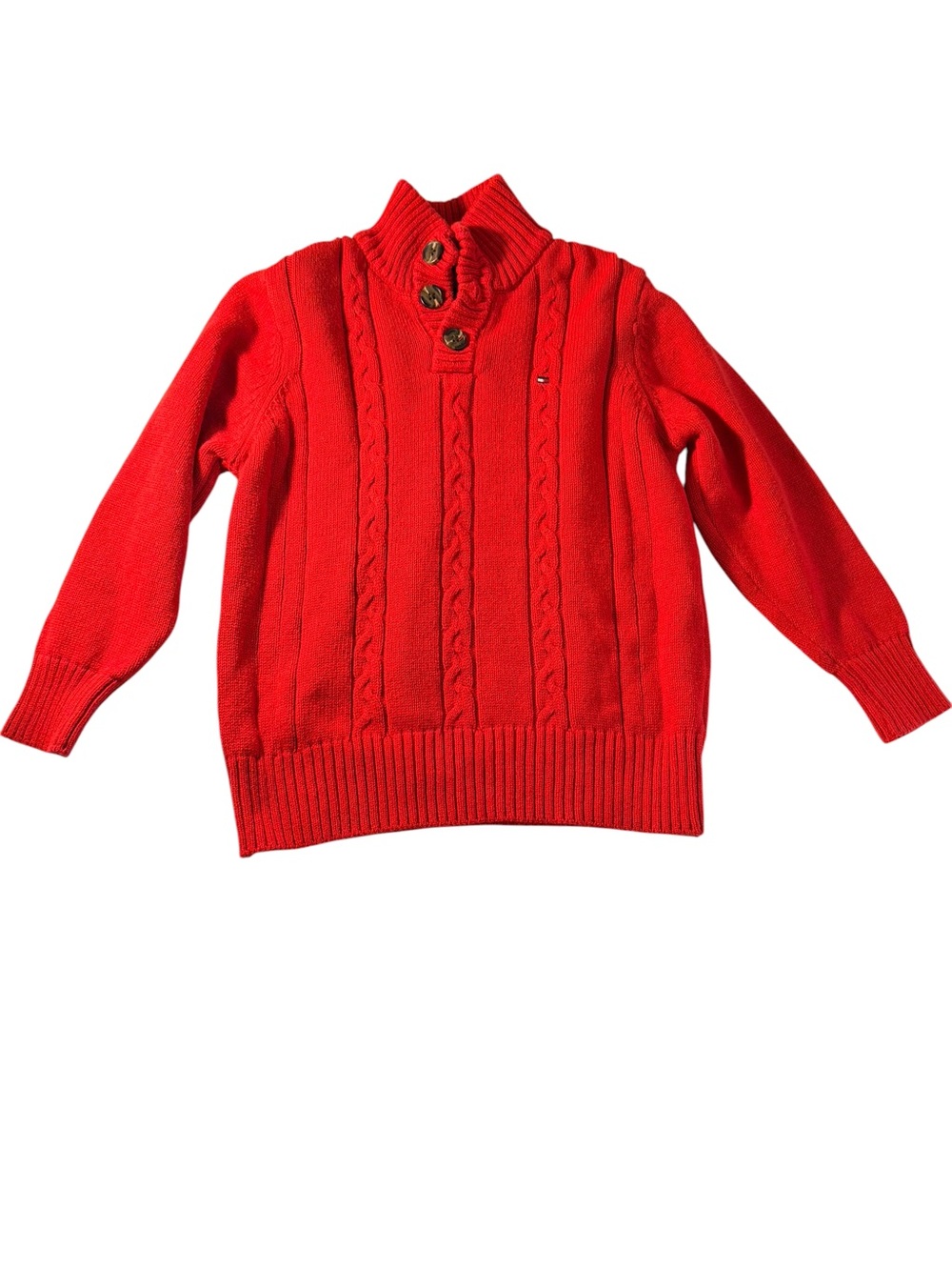 Tommy Hilfiger Boys Red Cable-Knit Button Mock Neck Sweater